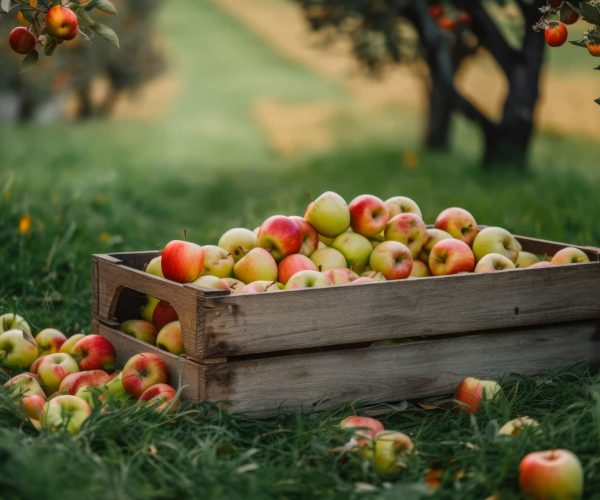 Farm basket of organic fresh apples. Wooden box of apples in garden. Generative AI.