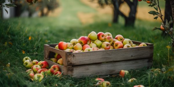 Farm basket of organic fresh apples. Wooden box of apples in garden. Generative AI.